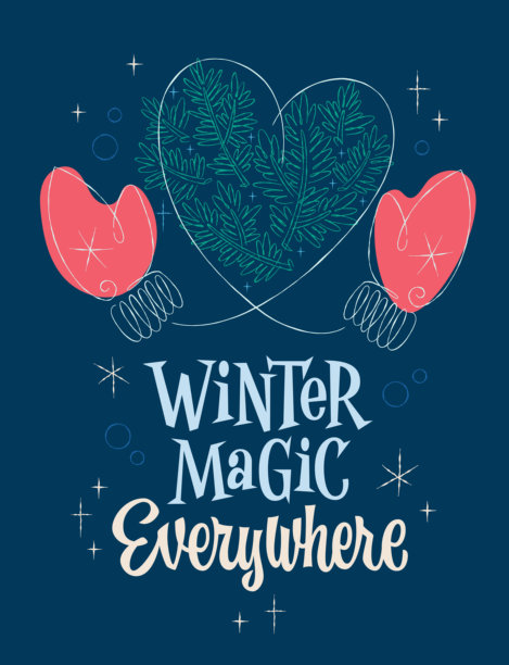 冬日魔法无处不在——带有复古字母的节日冬日主题素描风格设计。插画以有趣的元素，如手套和树叶，在深蓝色背景上组成心形。图片下载