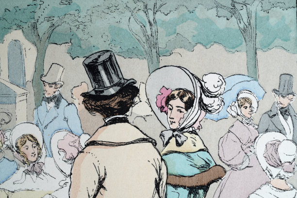 时尚历史，头饰，衣着考究的法国夫妇，戴礼帽的男士，戴大圆顶帽的女士，法国，19世纪30年代，复古插画图片下载