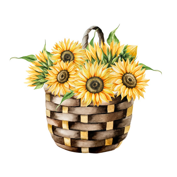 明亮的黄色向日葵水彩柳条篮，呈现温暖的秋日色调。植物手绘插画，孤立于背景上。非常适合季节性、万圣节、森林或自然主题设计。质朴的叶子，非常适合秋季装饰、林地或图片下载