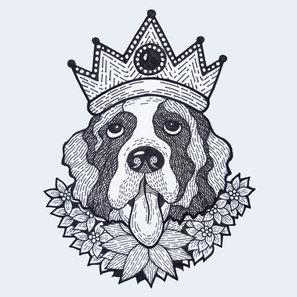 圣伯纳犬宠物皇冠花环花卉叶子植物图标标志符号标志动物卡通艺术设计插画手绘草图黑白隔离图形拼贴图案背景图片下载