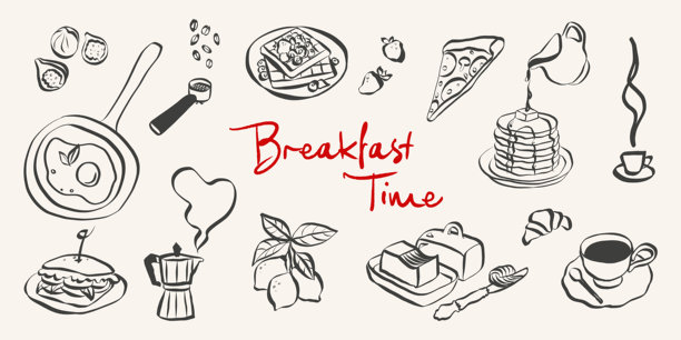 异想天开的早餐涂鸦。意大利美食的古怪图标，采用简单的蜡笔和素描风格。菜单和晚餐早午餐邀请函的潮流艺术。甜蜜生活矢量插画图片下载