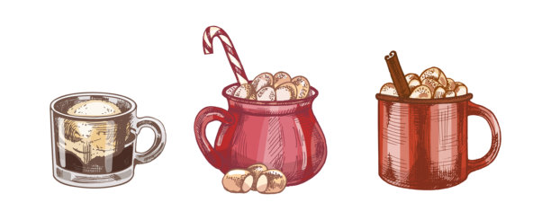手绘复古风格的阿芙佳朵咖啡和带棉花糖的热可可的节日彩色插画图片下载