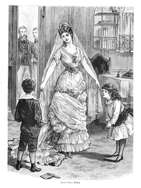 19世纪，一位身着优雅舞会礼服的女士与孩子们在房间里 – 矢量插画图片下载