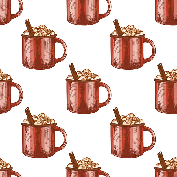 手绘复古无缝图案，包含热巧克力、棉花糖和肉桂棒的红色马克杯，彩色版，矢量插画图片下载
