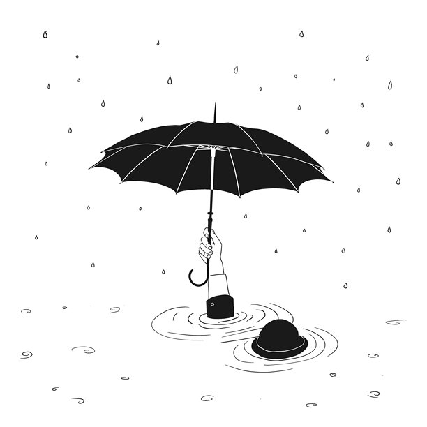 超现实插画：一只手撑着雨伞从水中冒出，帽子漂浮在雨中。图片下载