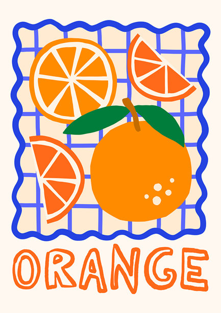 夏季热带水果矢量插画。橙子在格子背景上，带有异想天开的框架，大胆明亮的版式设计。图片下载