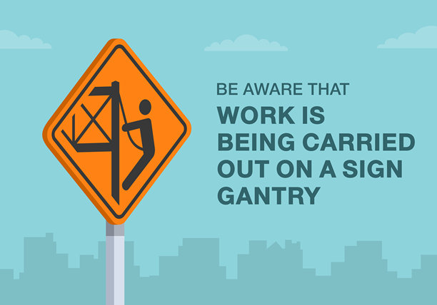 安全驾驶技巧与交通法规。加拿大“在指示牌龙门架上施工”标志特写，意为正在龙门架上施工。矢量插画模板。图片下载