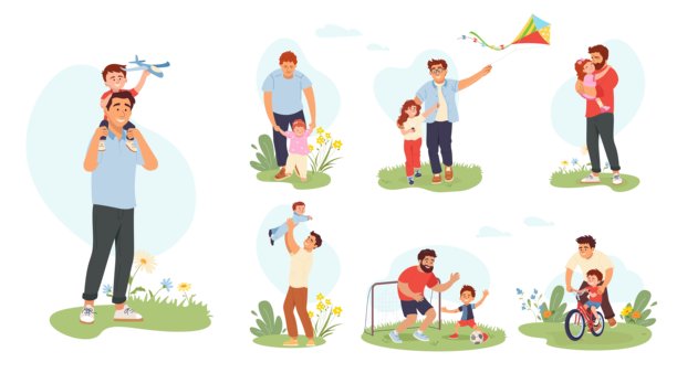 父亲与孩子户外活动的插画集。踢足球、骑自行车、放风筝、拥抱、散步、共享欢乐时光。父亲节项目、贺卡、横幅的家庭矢量设计。图片下载