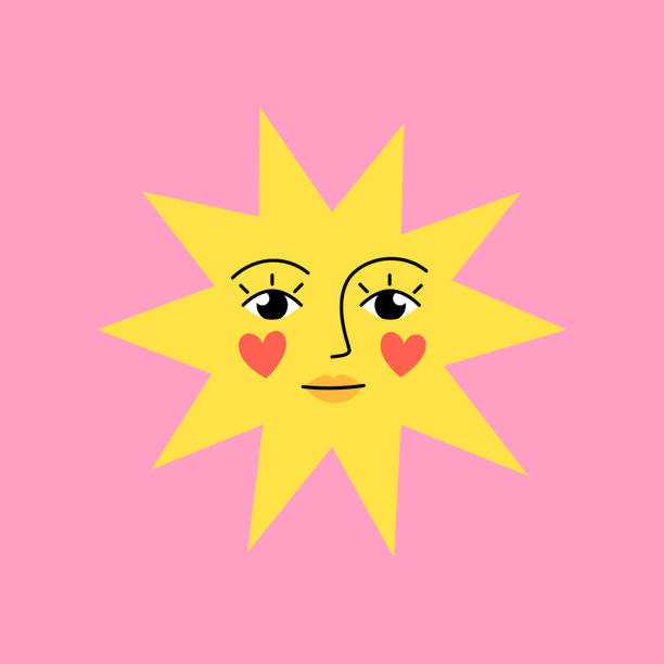 卡通手绘插画：一张有着女性面孔和爱心脸颊的太阳图片下载