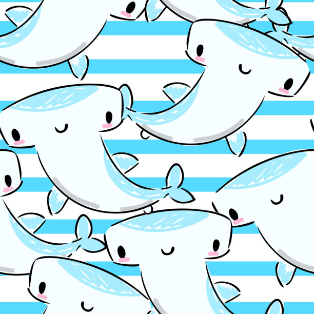 手绘无缝图案 可爱锤头鲨鱼素描 儿童风格插画 婴儿印花矢量图图片下载