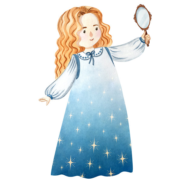 水彩插画，描绘了一位身着长裙的童话公主，手中拿着一面镜子。非常适合儿童读物、童话故事、卡片、海报、邀请函、剪贴簿、装饰品和教育项目。图片下载