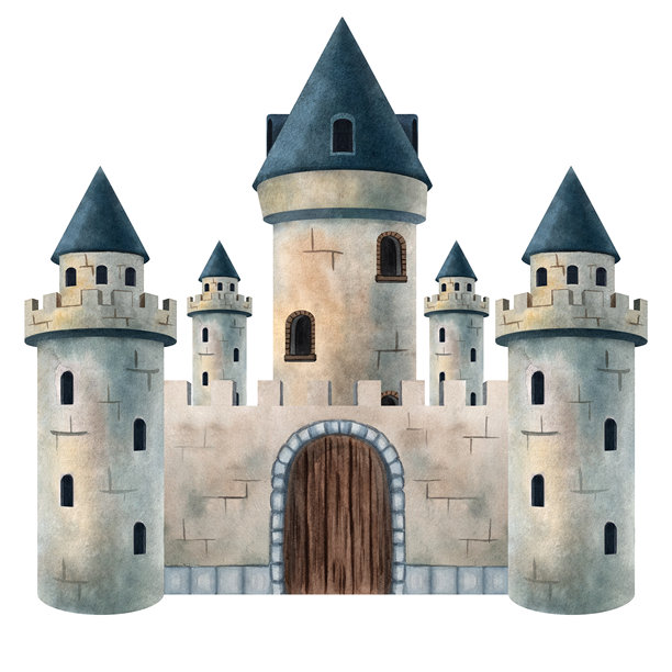 带有塔楼和木门的中古石头城堡的水彩插画。非常适合儿童书籍、童话故事、海报、卡片、邀请函、剪贴簿、装饰、游戏和教育项目。图片下载