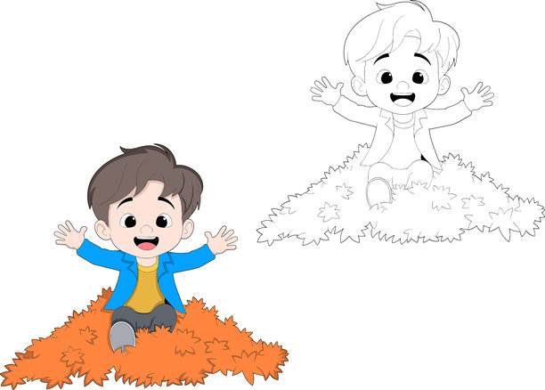 卡通男孩在秋叶堆中玩耍插画图片下载
