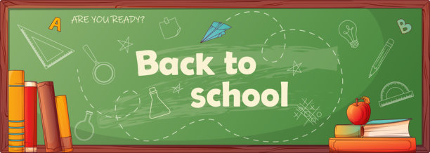 返回学校的横幅模板设计。黑板、书本、苹果和图画的矢量插画构成学校的景象。图片下载