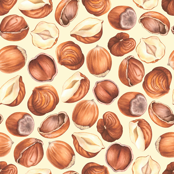 带有已剥壳和未剥壳榛子的无缝图案。米色背景上手绘水彩森林坚果插画。用于食品包装、餐厅菜单或壁纸的榛子图案。图片下载