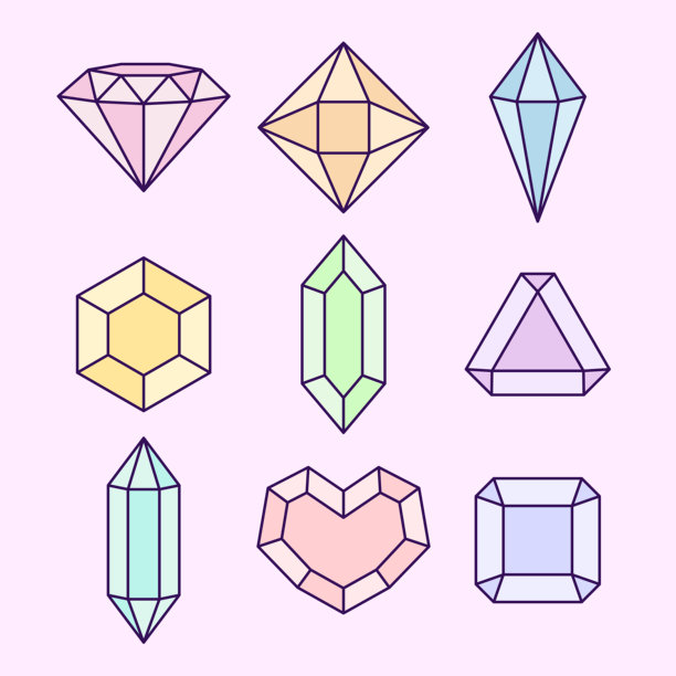 各种形状的钻石和水晶，简约卡通风格插画集图片下载