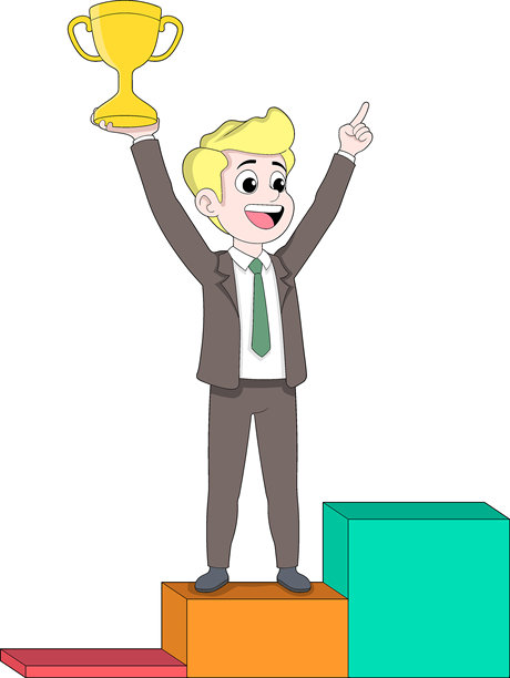 商人手持奖杯站在胜利者领奖台上的插画图片下载