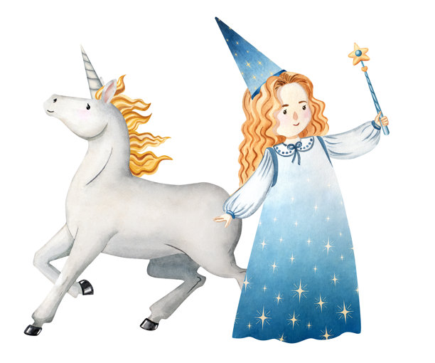 水彩插画：一位女巫与独角兽。非常适合儿童书籍、童话故事、海报、卡片、邀请函、剪贴簿、装饰、育儿和游戏。图片下载