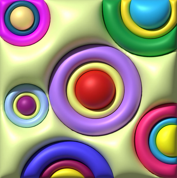 一个具有鲜艳色彩、凹进式同心圆和球体的背景，营造出气泡效果和现代图案，三维渲染插画图片下载