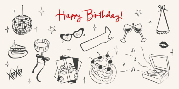 手绘Coquette风格的生日派对场景，为女孩单身派对设计的异想天开的粉笔涂鸦，菜单和请柬的蜡笔画，涂鸦矢量插画。图片下载