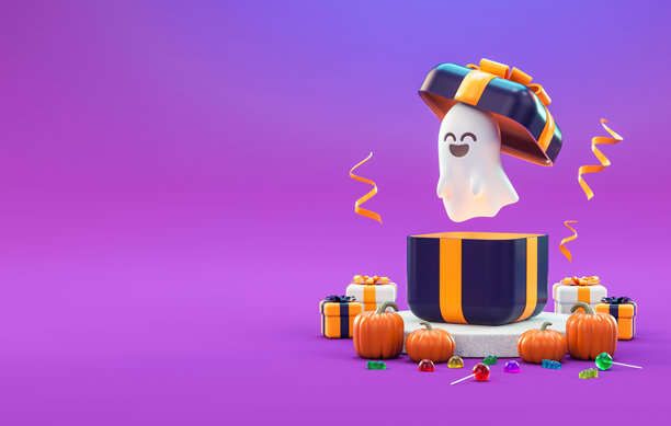 3D插画：万圣节贺卡背景模板，内含可爱礼物鬼魂、南瓜、派对用品和空白空间。图片下载