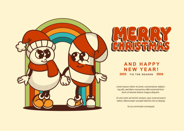彩虹背景上的复古雪人与拐杖糖吉祥物，配有“圣诞快乐”文字，为节日贺卡和社交媒体帖子设计的多彩图案图片下载
