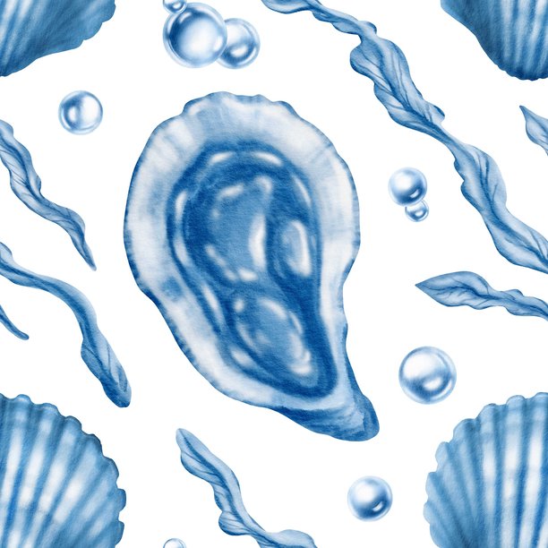 海洋贝壳无缝图案：牡蛎、肋状半圆形贝壳、海带、蓝白单色调的气泡。手绘水彩插画的极简主义图形。图片下载