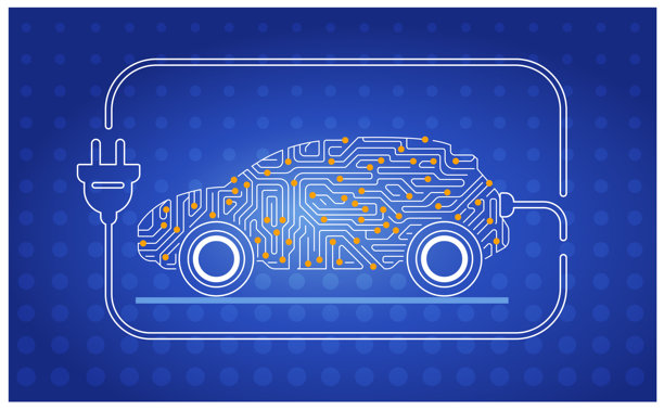 电动汽车在电动汽车充电站的电路板插画，扁平化设计，线条勾勒图片下载