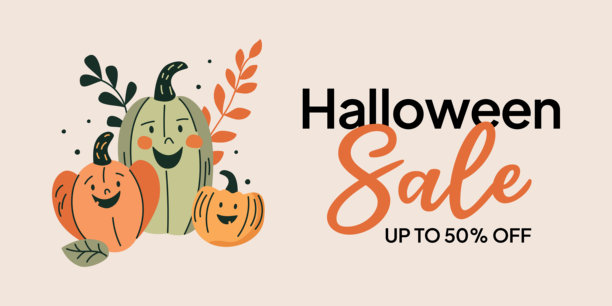 万圣节促销的现代简约矢量插画。三个可爱的南瓜，有着友善的表情，秋叶和“万圣节促销”字样，背景为浅米色。图片下载