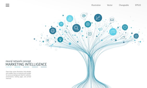 线性矢量插画，人工智能驱动的增长树，包含数字营销、SEO和社交媒体图标。神经网络概念，科技背景。抽象矢量，商业信息图设计。图片下载