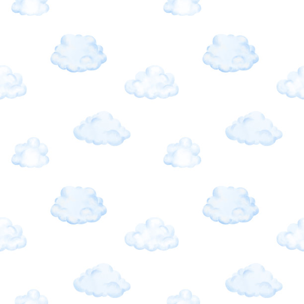 蓬松的云朵，无缝图案。水彩数字插画。多云的天空，孤立在白色背景上。用于印在纺织品、卡片、请柬以及梦幻天空和天气主题上。图片下载