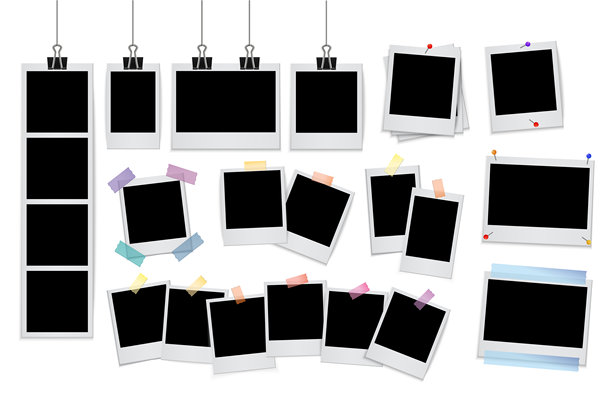 照片框模型集 – 包含胶带、夹子和图钉的逼真即时照片模板，用于剪贴簿、照片亭和相册设计矢量插图图片下载