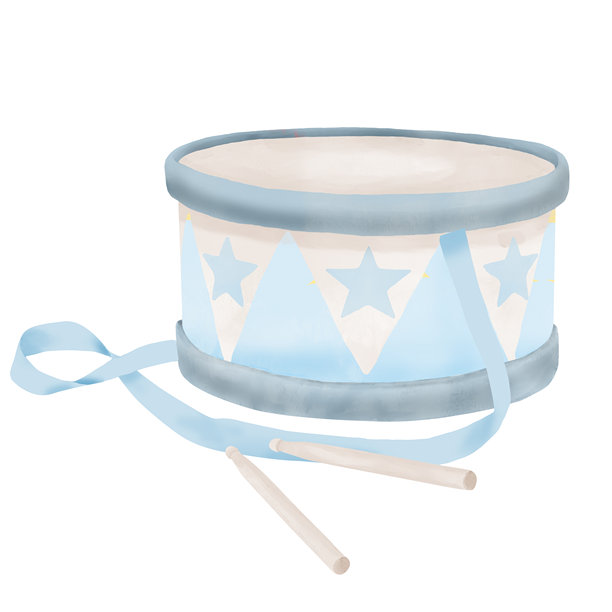 一个卡通风格的可爱小鼓，配有鼓槌和星星。水彩插画。适合幼儿的有趣玩具，孤立在白色背景上。用于明信片、贴纸、纺织品、设计、请柬、标志。图片下载