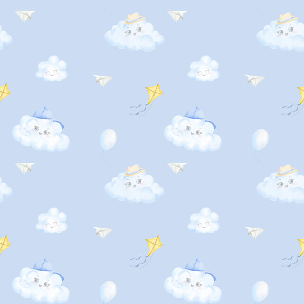 长着眼睛、戴着帽子的云朵，看向风筝和纸飞机。水彩插画。无缝图案，孤立在蓝色背景上。适用于儿童印花、纺织品、请柬和卡片。图片下载