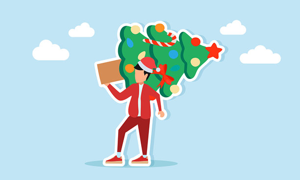 身穿红色服装、头戴圣诞帽的男人，抱着一棵装饰精美的圣诞树，插画，用于节日庆祝欣赏图片下载