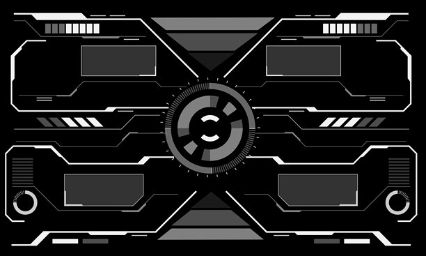 HUD科幻界面屏幕视图，白色圆形几何设计，虚拟未来科技创意显示在黑色矢量图上。图片下载