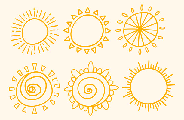 手绘太阳涂鸦插画集。粗糙的卡通太阳草图。儿童画风格的太阳图片下载