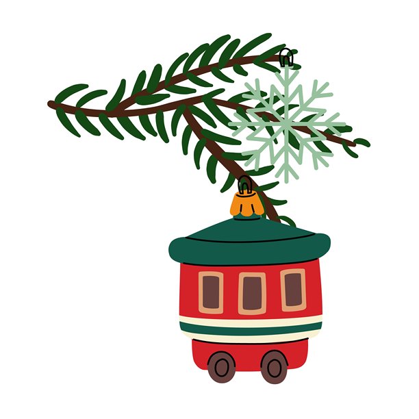 圣诞树枝挂着复古圣诞球。苏联风格的玻璃玩具，扁平化设计。有马车、雪花图案。适合圣诞节、新年和节日装饰。手绘插画，孤立在白色背景上。图片下载