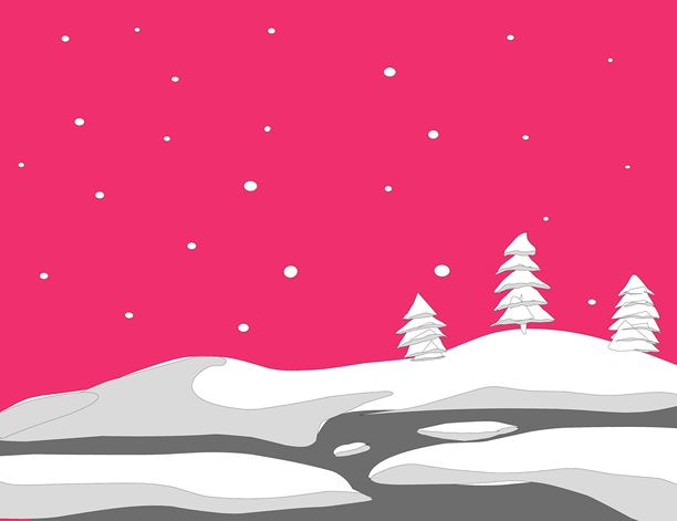 红色的天空下的风景插画设计，伴有雨雪。图片下载