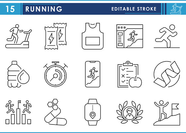 一套跑步相关的线条图标。包括运动、跑步、营养、目标、智能手表、饮水、胜利等。矢量可编辑描边。图片下载