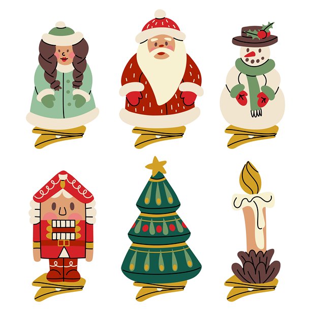 苏联圣诞装饰品套装。发夹上的玻璃玩具。雪人、圣诞老人、雪姑娘、胡桃夹子、圣诞树、蜡烛，复古色彩插画。圣诞树的节日装饰品图片下载