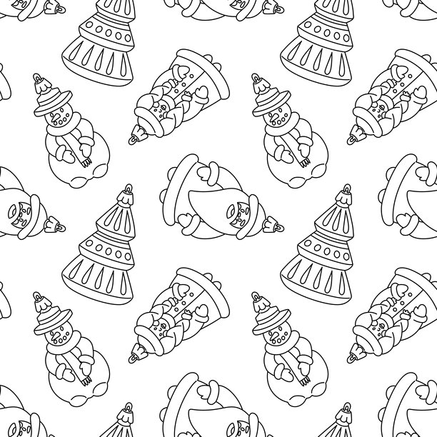 苏联圣诞树玩具的涂鸦图案。玻璃玩具。雪人、圣诞老人、雪姑娘、圣诞树、复古插画。用于装饰的节日纹理。单色纹理。图片下载