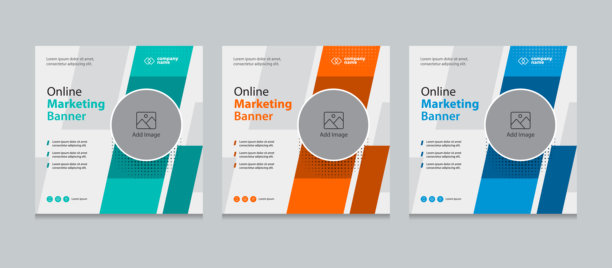 一套可编辑的方形商业网页横幅设计模板，适用于社交媒体帖子、Instagram 快拍和网页广告。矢量插图，留有添加图片的空白。图片下载
