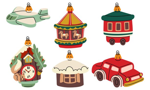 苏联圣诞装饰品套装。玻璃玩具。飞机、汽车、旋转木马、马车、房屋、鸟舍插画，复古色调，森林元素，物品。圣诞树节日装饰品。图片下载