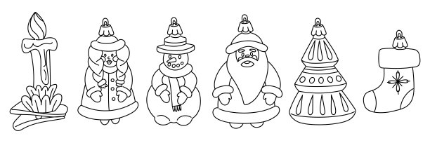 一套涂鸦风格的苏联圣诞树装饰品。玻璃玩具。雪人、圣诞老人、雪姑娘、胡桃夹子、圣诞树、蜡烛、袜子、复古插画。圣诞树的节日装饰品图片下载