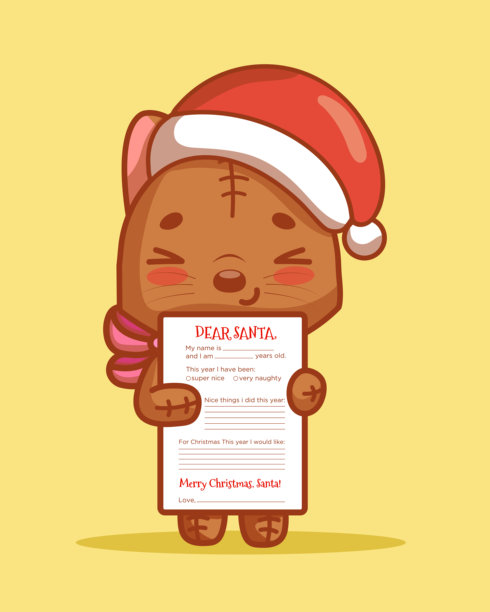 可爱的圣诞猫与致圣诞老人的信的矢量模板，新年节日插画图片下载