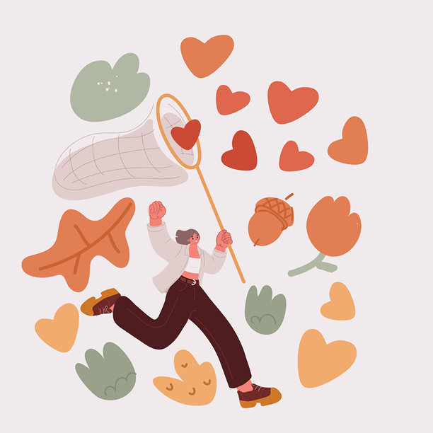 卡通矢量插画，一名女子持网奔跑，捕捉爱心。图片下载