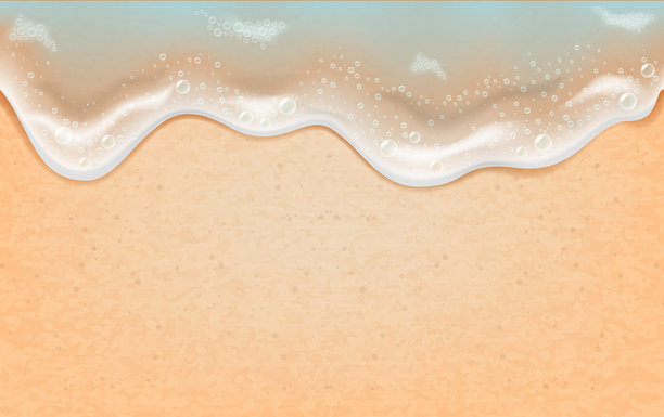 带有涌入海浪的沙滩背景。照片级写实矢量插画。图片下载