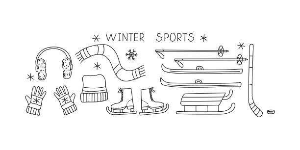 保暖衣物，冬季运动。手绘图，线条涂鸦图标。运动服，滑冰鞋，滑雪板，雪橇，曲棍球杆。针织帽，围巾，手套，耳罩。手写字体。运动装备套装。图片下载