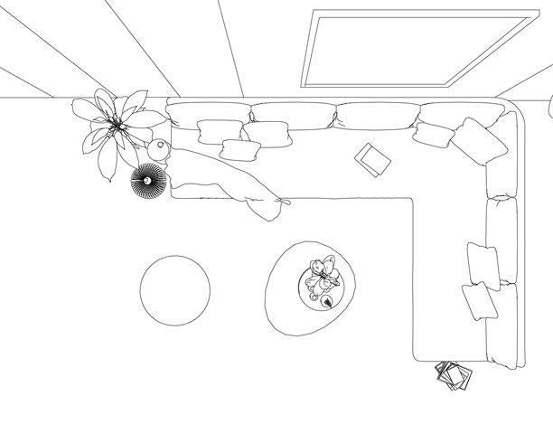 黑白现代客厅轮廓图，配有沙发、靠垫、桌子和带天花板细节的花瓶。俯视图。图片下载